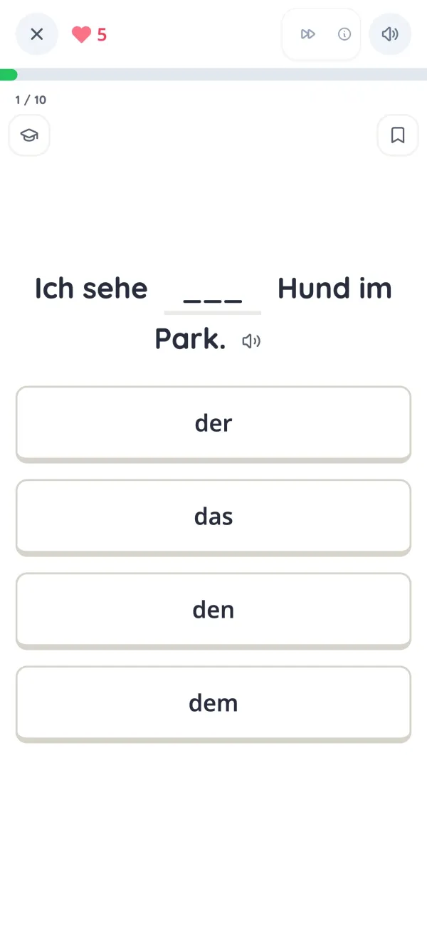 Kasus-Übung in KasusKnacker: der, das, den oder dem wählen