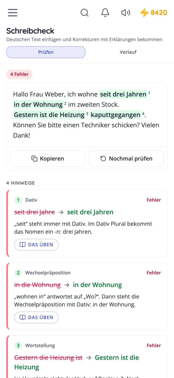 Schreibcheck korrigiert eine deutsche E-Mail und erklärt jede Änderung