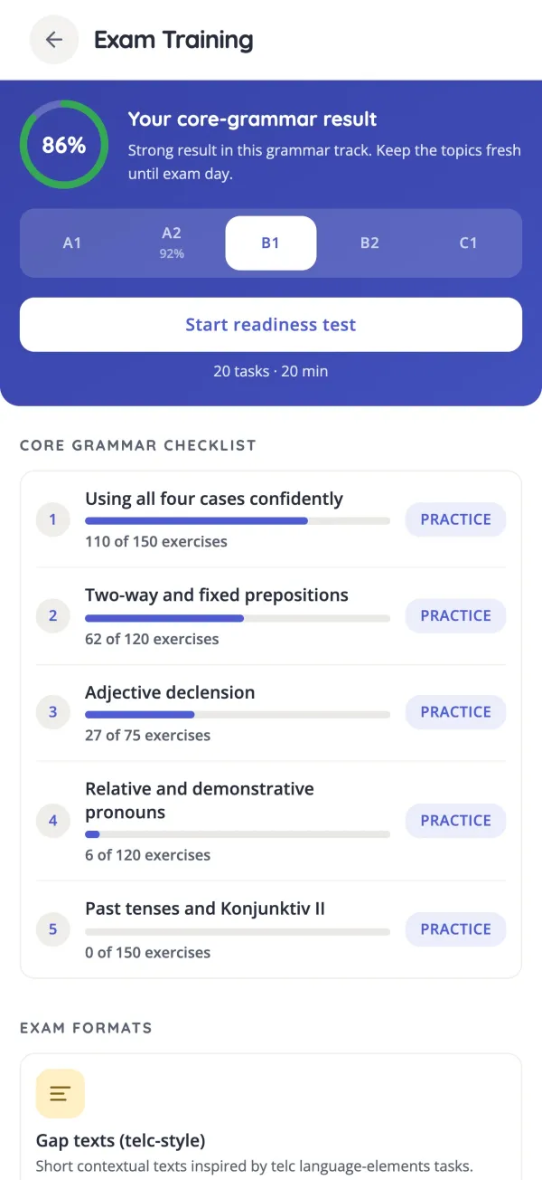 KasusKnacker exam training with a core-grammar checklist for B1