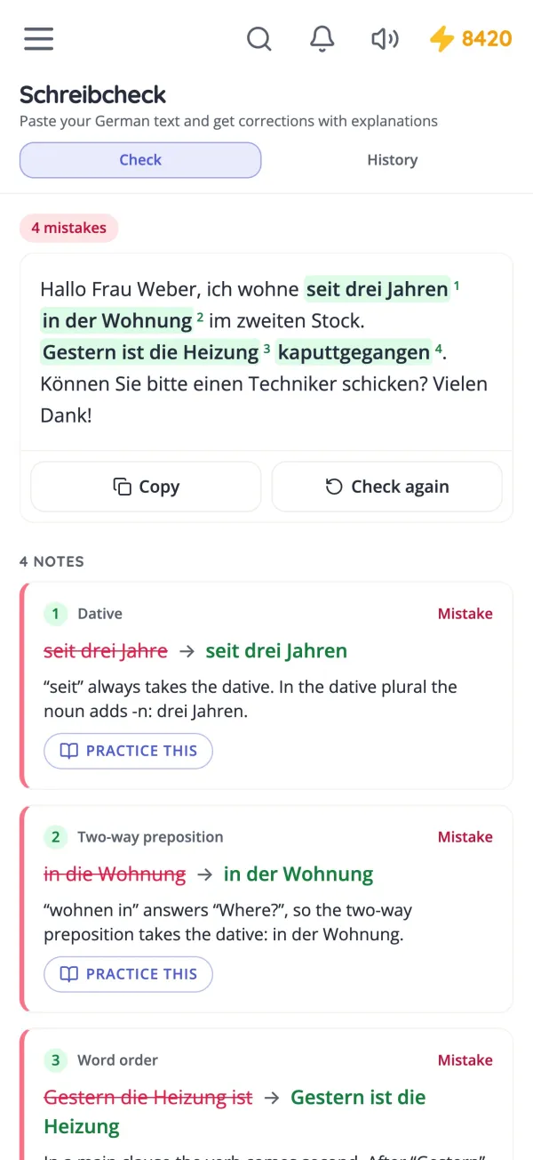 Schreibcheck correcting a German email, with an explanation for each edit