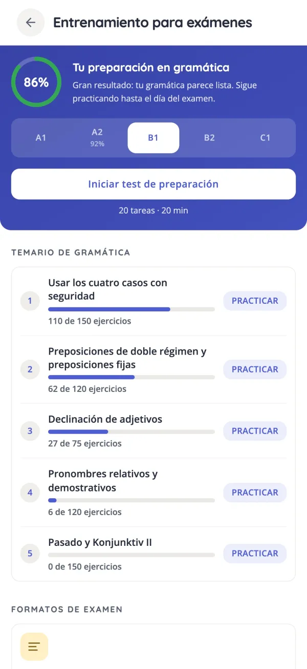 Entrenamiento de exámenes en KasusKnacker con la lista de gramática esencial para B1