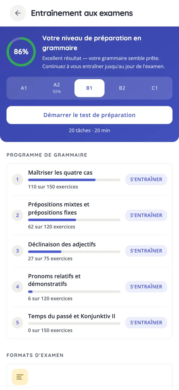 Entraînement aux examens dans KasusKnacker avec la liste de grammaire essentielle pour B1