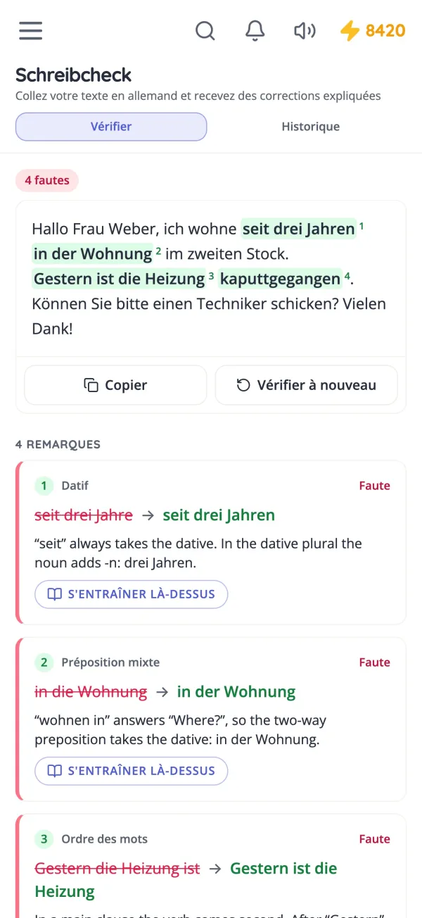 Schreibcheck corrige un e-mail en allemand et explique chaque modification