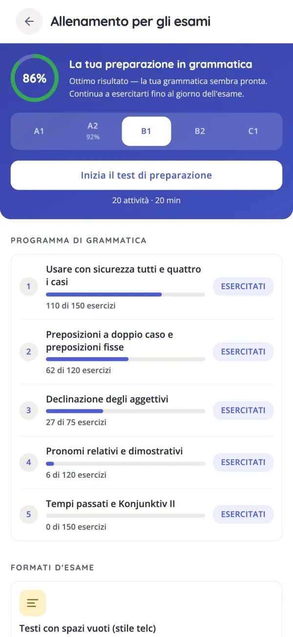 Allenamento per gli esami in KasusKnacker con la checklist di grammatica essenziale per il B1
