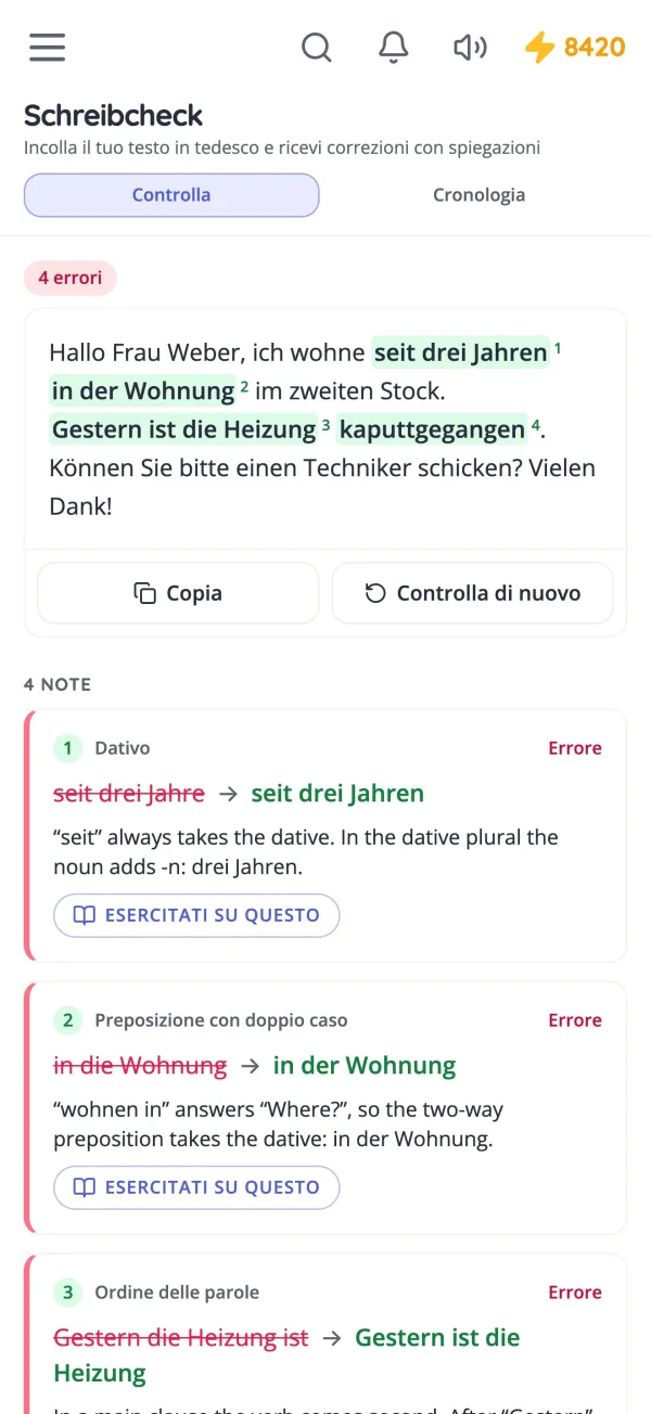 Schreibcheck corregge un'email in tedesco e spiega ogni modifica