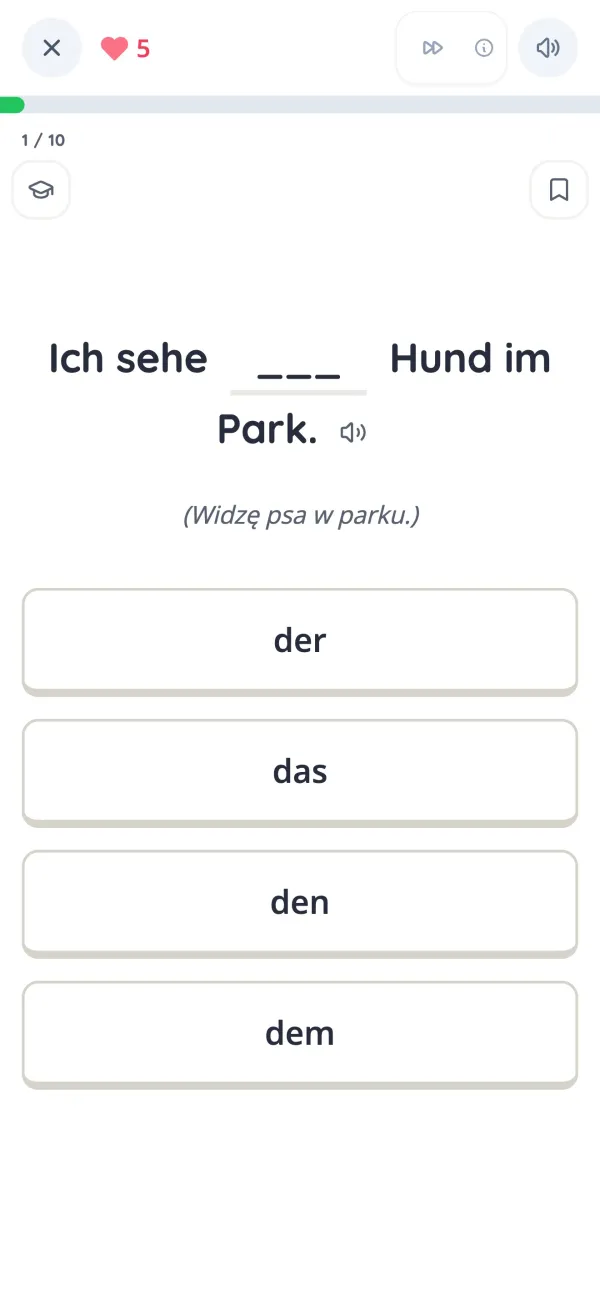 Ćwiczenie z przypadków w KasusKnacker: wybierz der, das, den albo dem