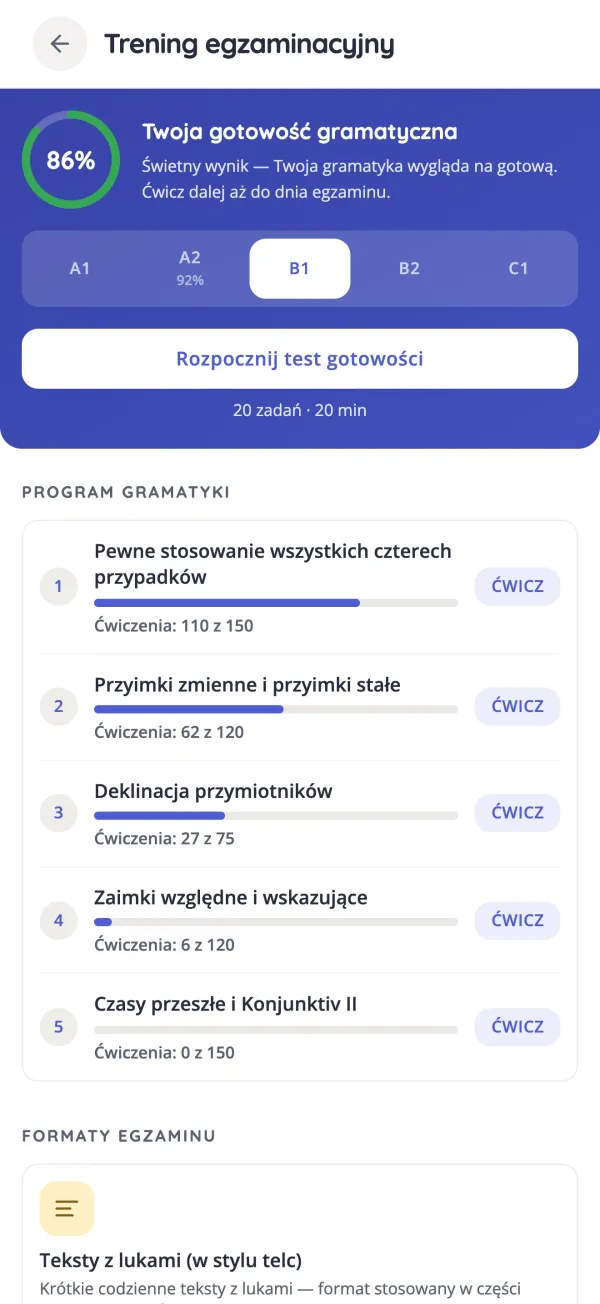 Trening egzaminacyjny w KasusKnacker z listą kluczowej gramatyki dla B1