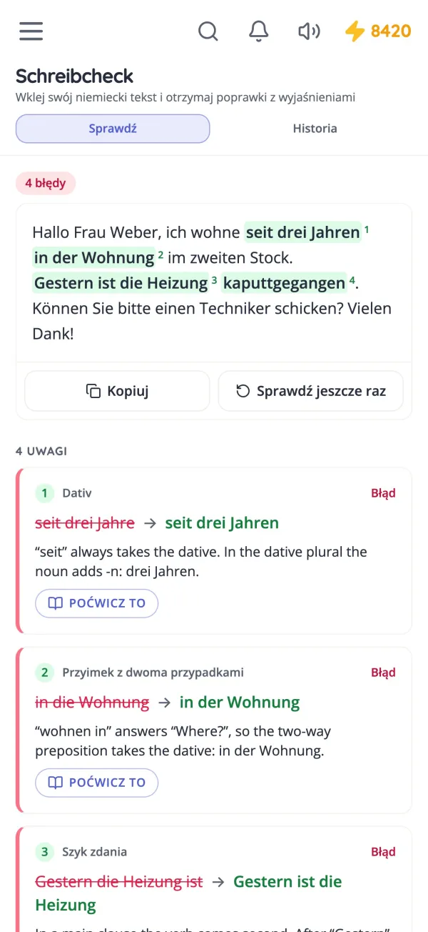 Schreibcheck poprawia e-mail po niemiecku i wyjaśnia każdą zmianę