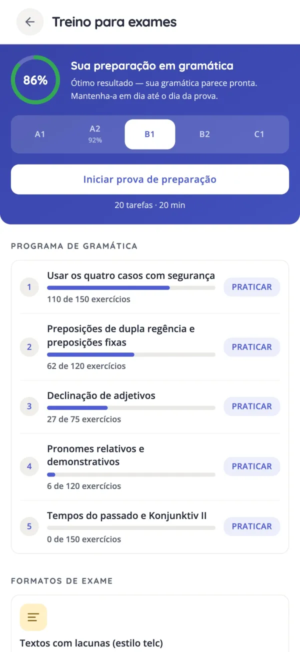 Treino de exames no KasusKnacker com a lista de gramática essencial para B1