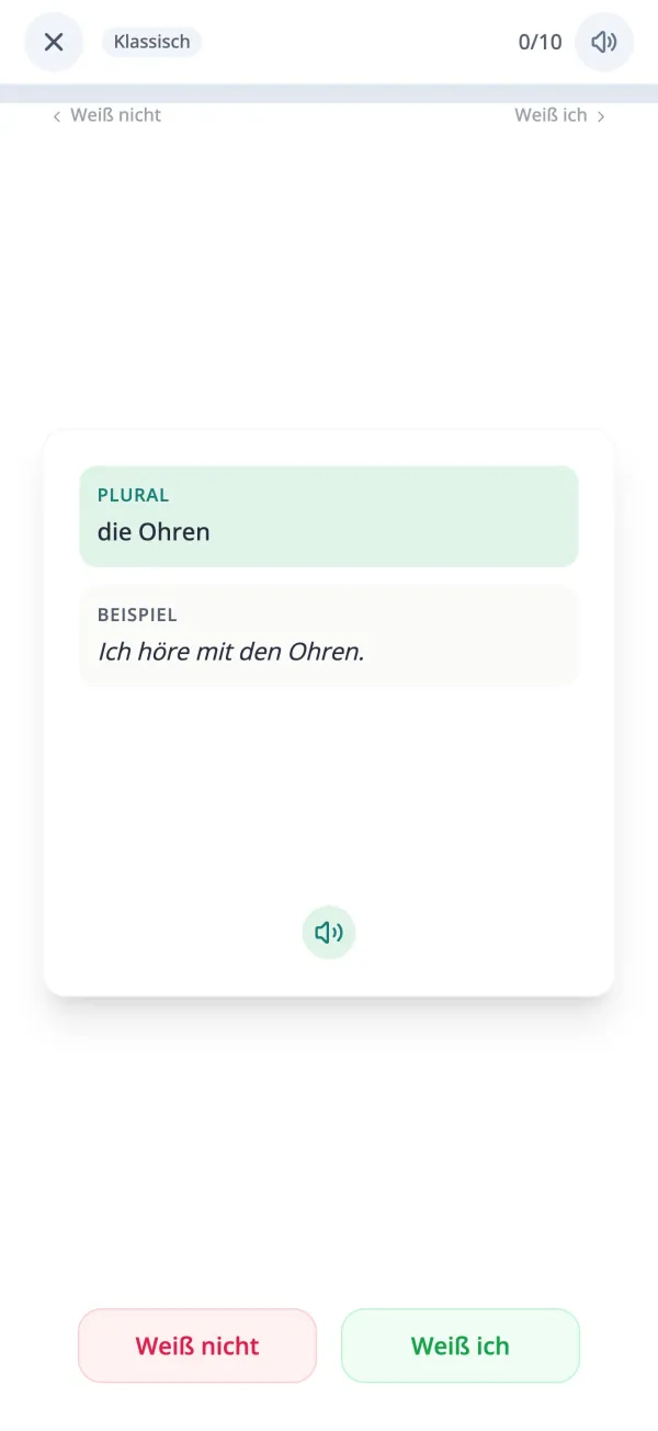 Umgedrehte deutsche Vokabelkarte mit Bedeutung und Beispielsatz in der KasusKnacker-App