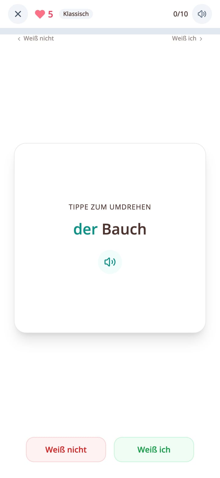 Deutsche Vokabelkarte mit Wort und Artikel in der KasusKnacker-App
