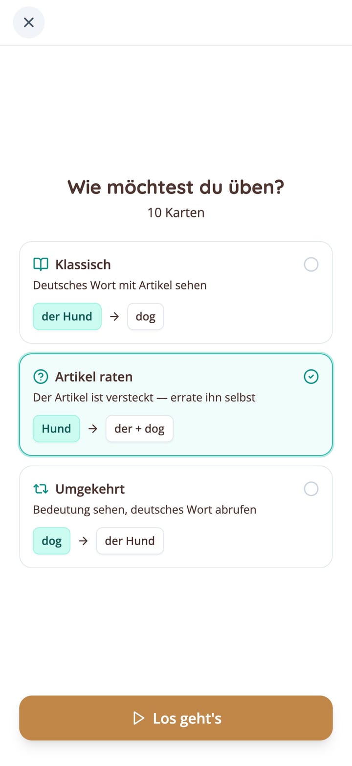 Lernmodus für deutsche Vokabelkarten wählen in der KasusKnacker-App