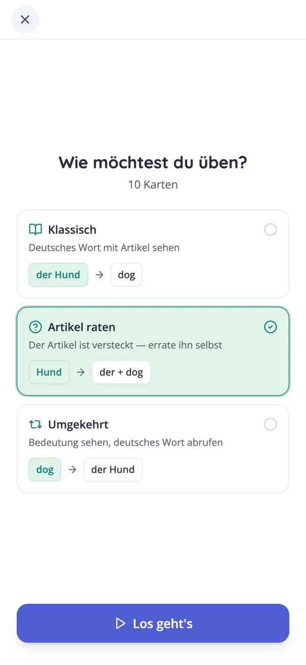 Lernmodus für deutsche Vokabelkarten wählen in der KasusKnacker-App