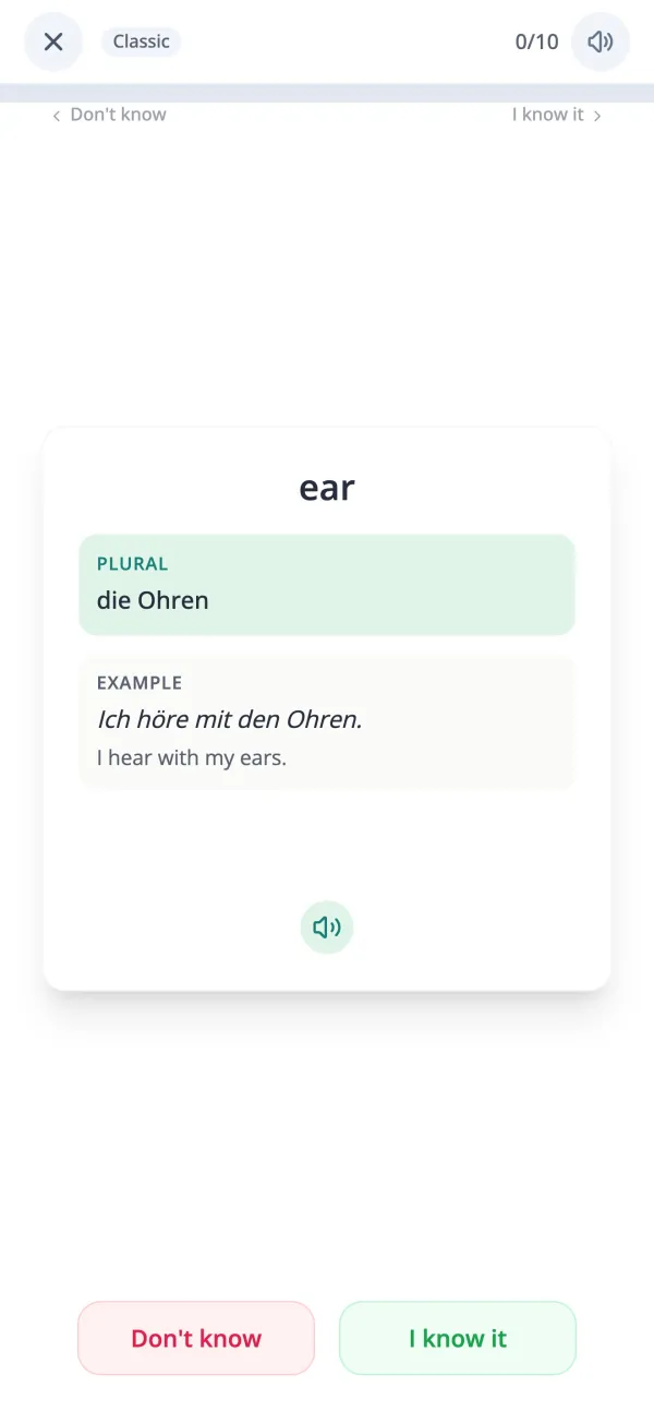 Flipped German vocabulary flashcard revealing the meaning and an example sentence in the KasusKnacker app