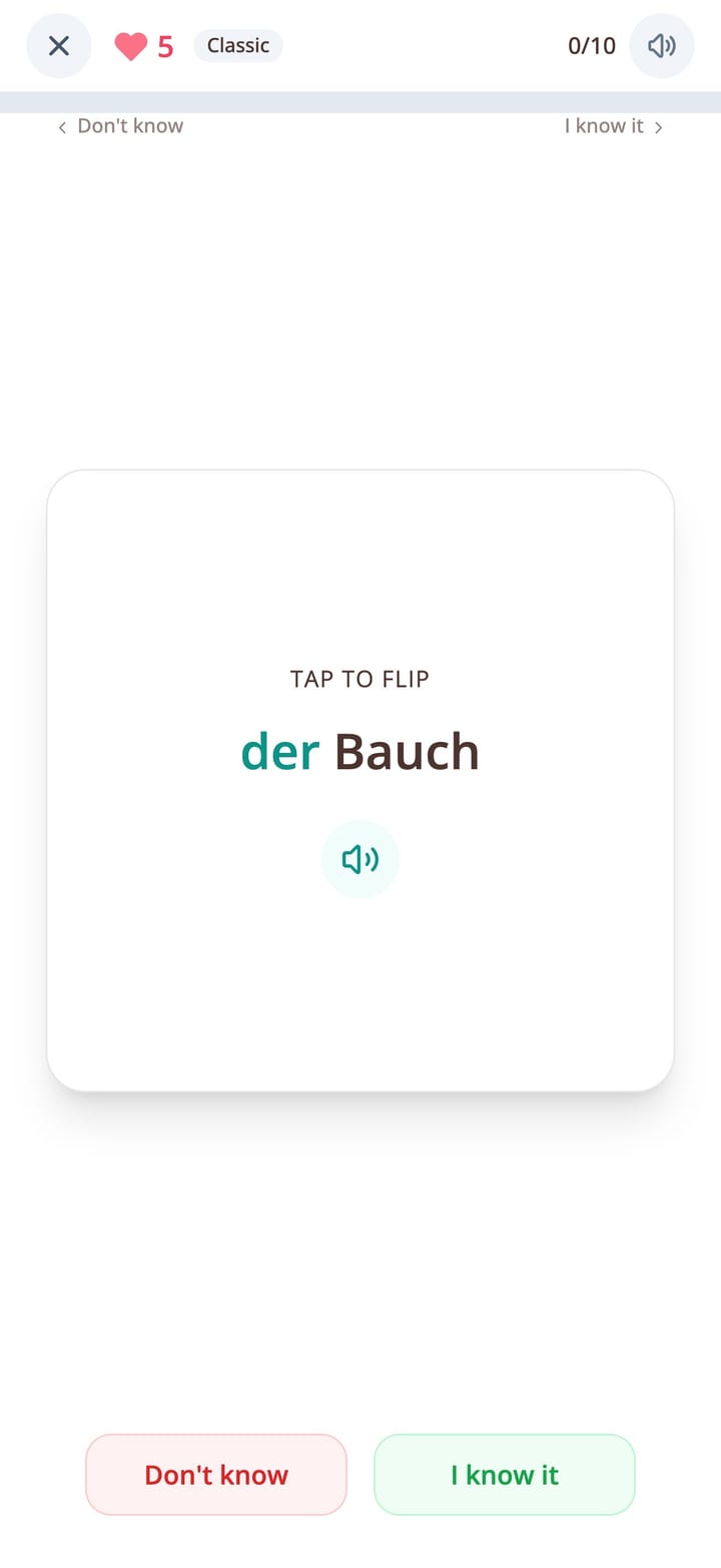 German vocabulary flashcard showing a word with its article in the KasusKnacker app