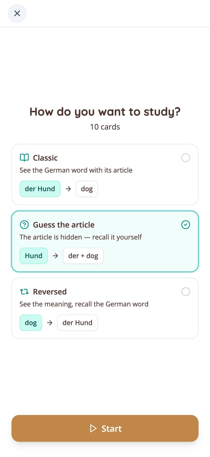Choosing a study mode for German vocabulary flashcards in the KasusKnacker app