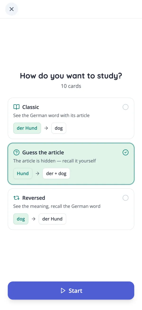 Choosing a study mode for German vocabulary flashcards in the KasusKnacker app