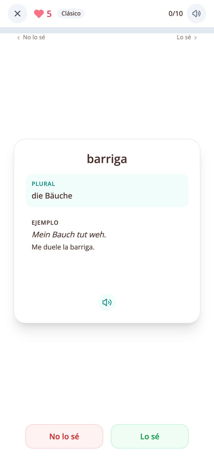 Tarjeta de vocabulario alemán girada que revela el significado y una frase de ejemplo en la app KasusKnacker