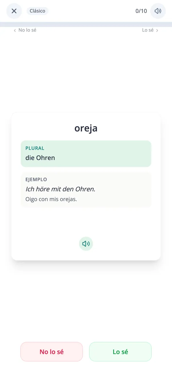 Tarjeta de vocabulario alemán girada que revela el significado y una frase de ejemplo en la app KasusKnacker