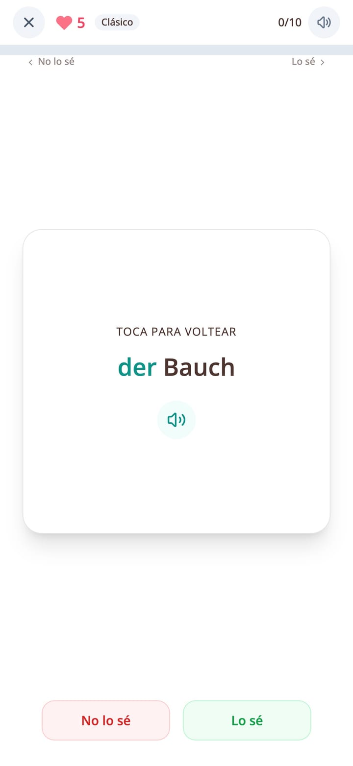 Tarjeta de vocabulario alemán que muestra una palabra con su artículo en la app KasusKnacker