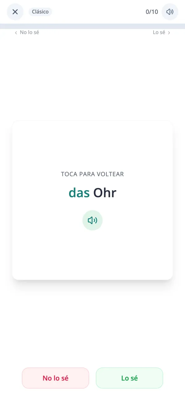 Tarjeta de vocabulario alemán que muestra una palabra con su artículo en la app KasusKnacker