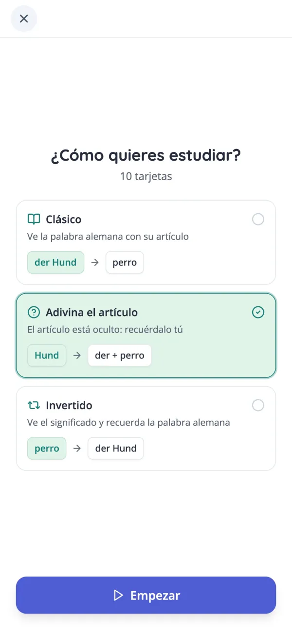 Elección de un modo de estudio para las tarjetas de vocabulario alemán en la app KasusKnacker