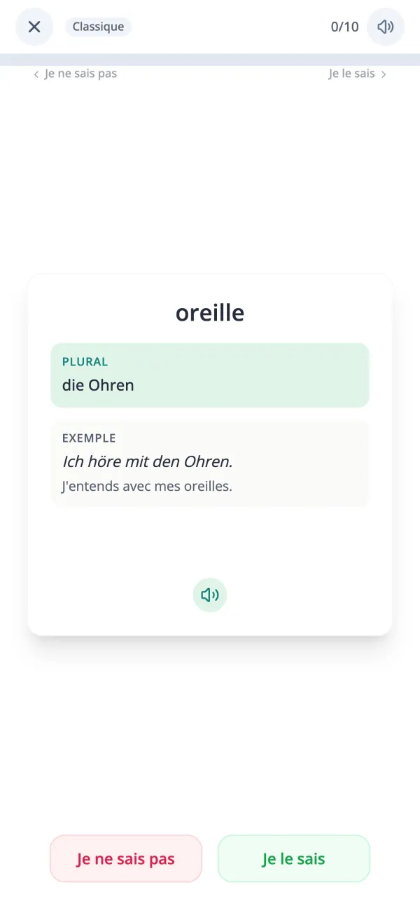 Carte de vocabulaire allemand retournée révélant le sens et une phrase d'exemple dans l'app KasusKnacker