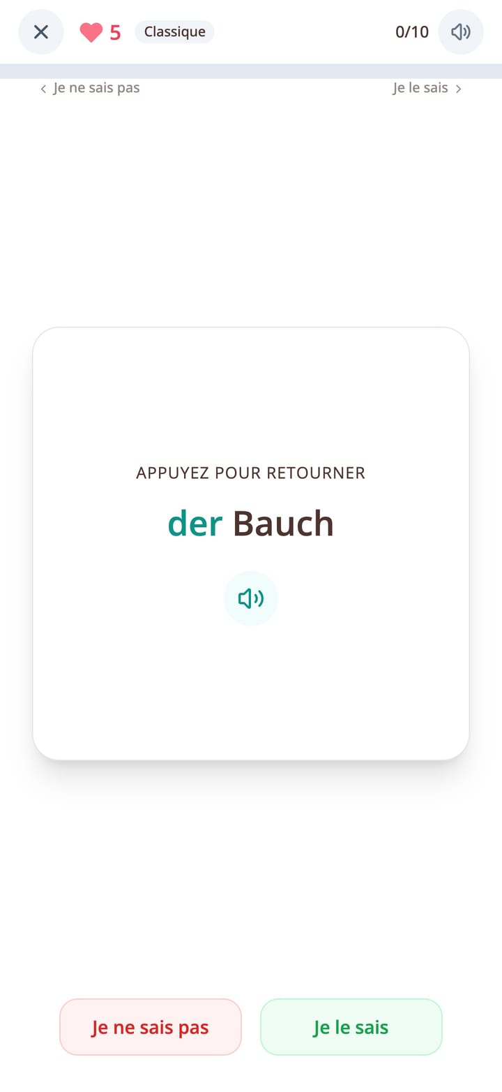 Carte de vocabulaire allemand montrant un mot avec son article dans l'app KasusKnacker