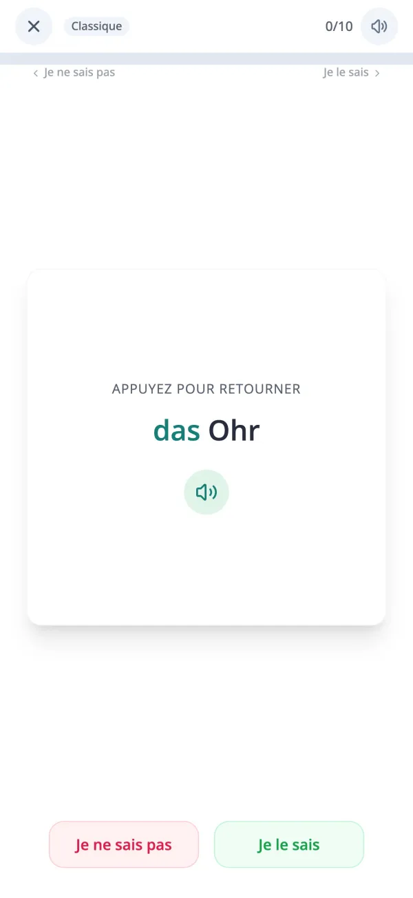 Carte de vocabulaire allemand montrant un mot avec son article dans l'app KasusKnacker