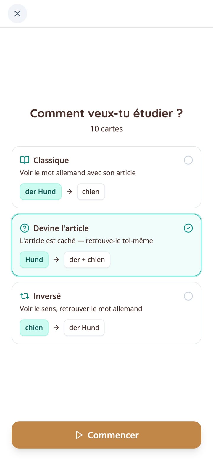 Choix d'un mode d'étude pour les cartes de vocabulaire allemand dans l'app KasusKnacker