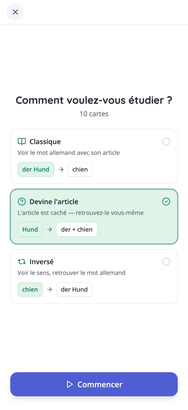 Choix d'un mode d'étude pour les cartes de vocabulaire allemand dans l'app KasusKnacker