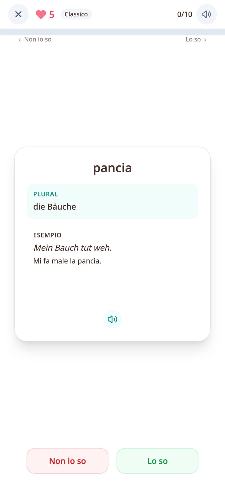 Flashcard di vocabolario tedesco girata che rivela il significato e una frase d'esempio nell'app KasusKnacker