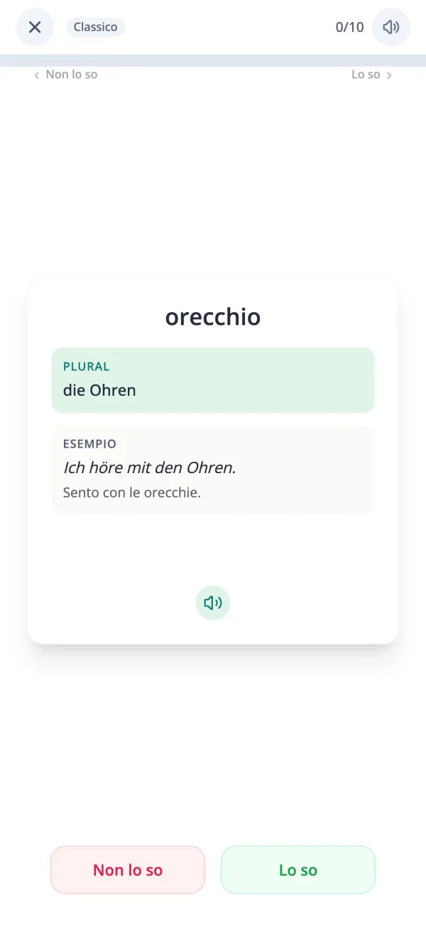 Flashcard di vocabolario tedesco girata che rivela il significato e una frase d'esempio nell'app KasusKnacker