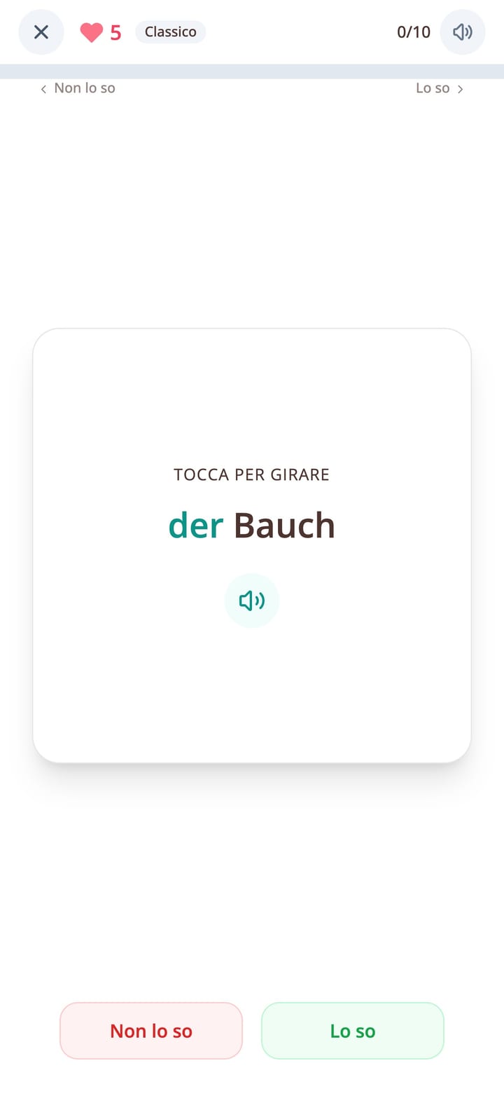 Flashcard di vocabolario tedesco con una parola e il suo articolo nell'app KasusKnacker