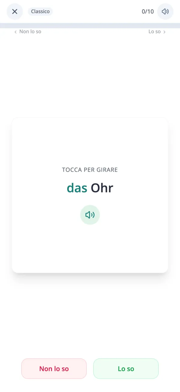 Flashcard di vocabolario tedesco con una parola e il suo articolo nell'app KasusKnacker