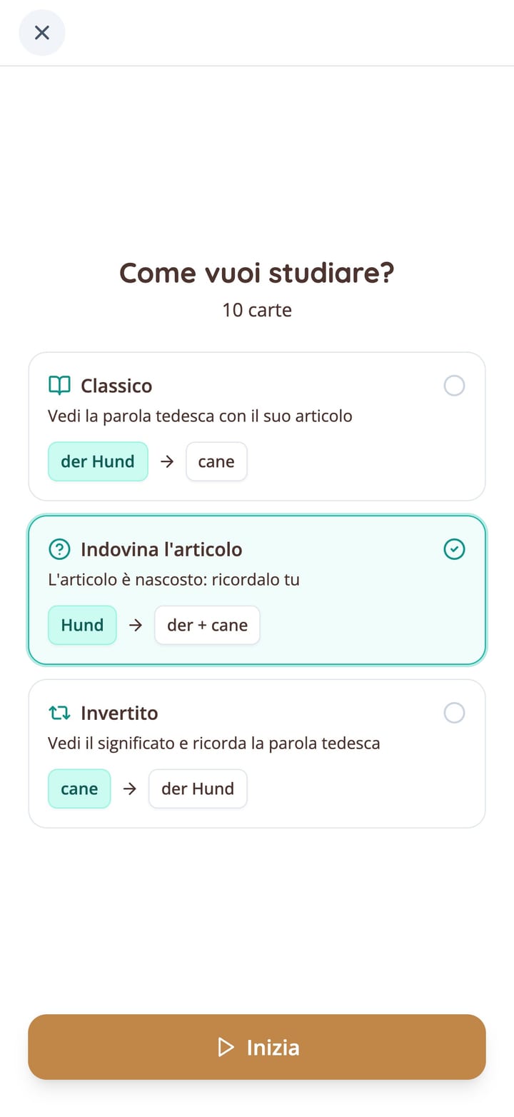 Scelta di una modalità di studio per le flashcard di vocabolario tedesco nell'app KasusKnacker
