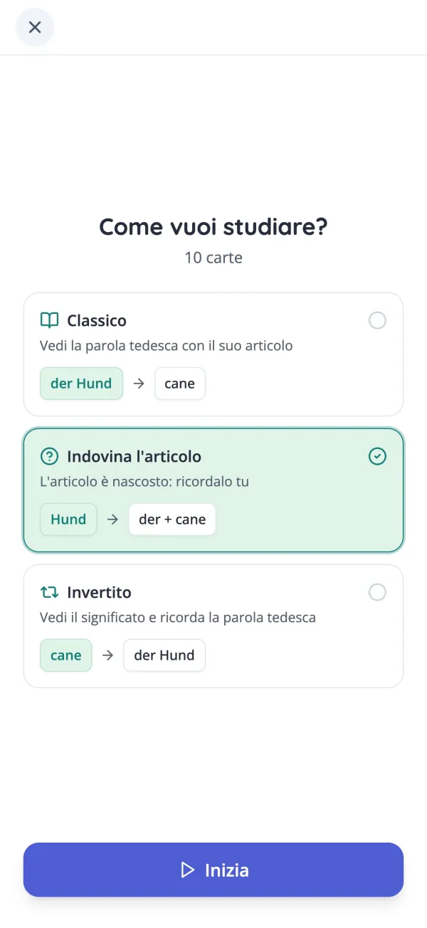 Scelta di una modalità di studio per le flashcard di vocabolario tedesco nell'app KasusKnacker