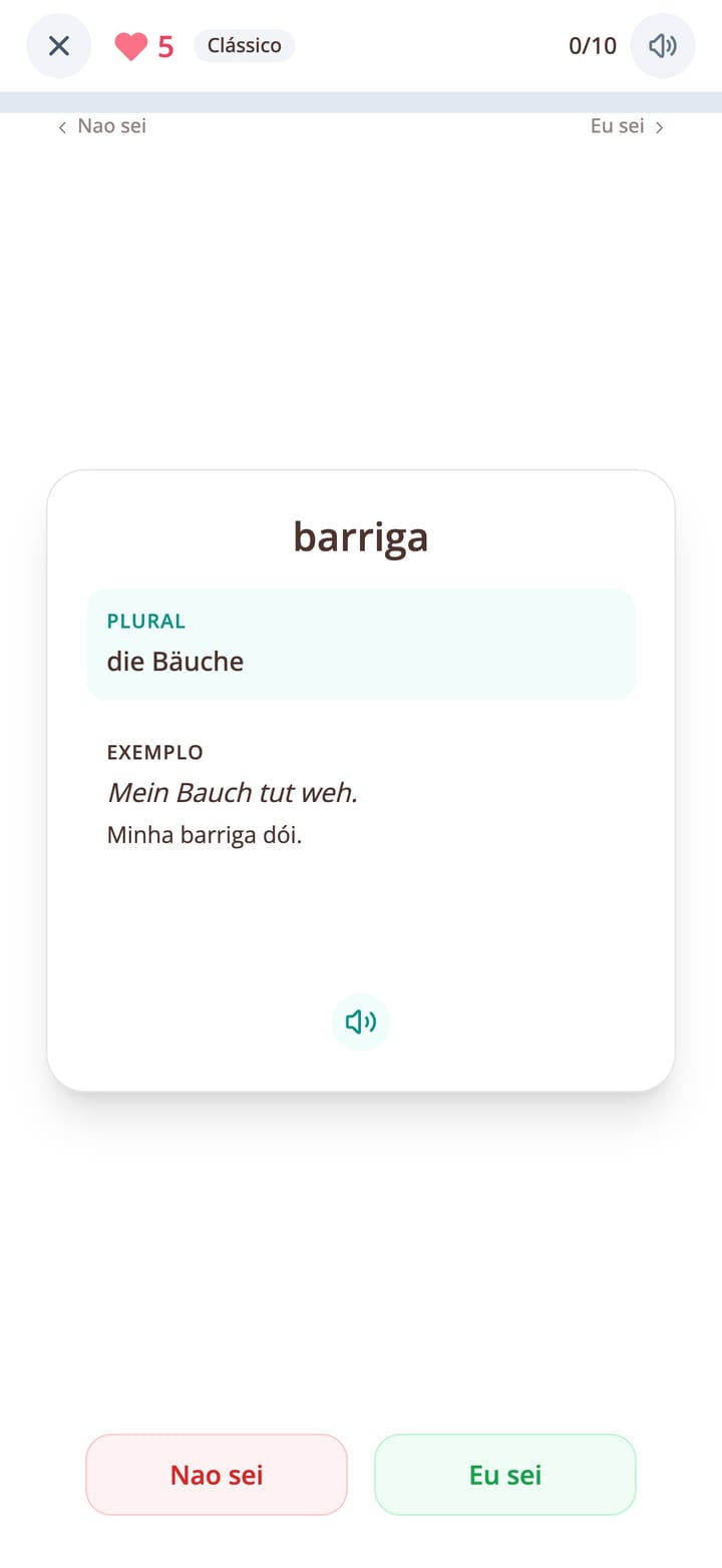 Cartão de vocabulário alemão virado a revelar o significado e uma frase de exemplo na app KasusKnacker