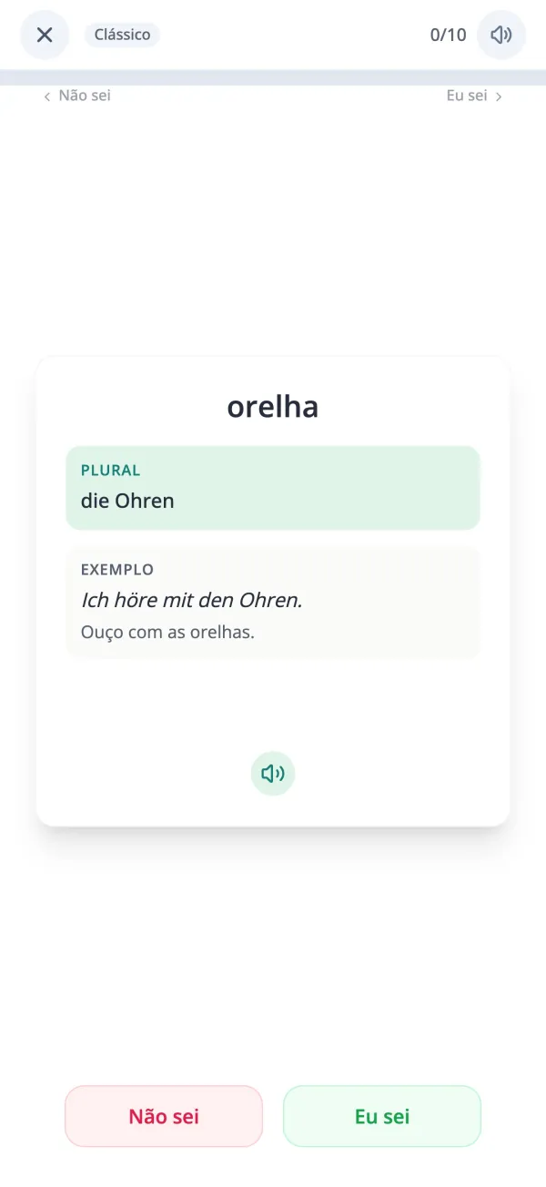 Cartão de vocabulário alemão virado a revelar o significado e uma frase de exemplo na app KasusKnacker
