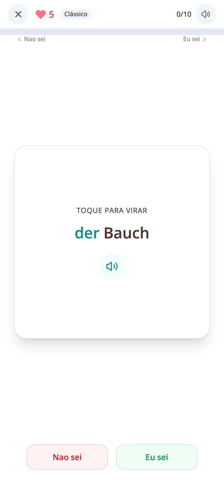 Cartão de vocabulário alemão a mostrar uma palavra com o seu artigo na app KasusKnacker