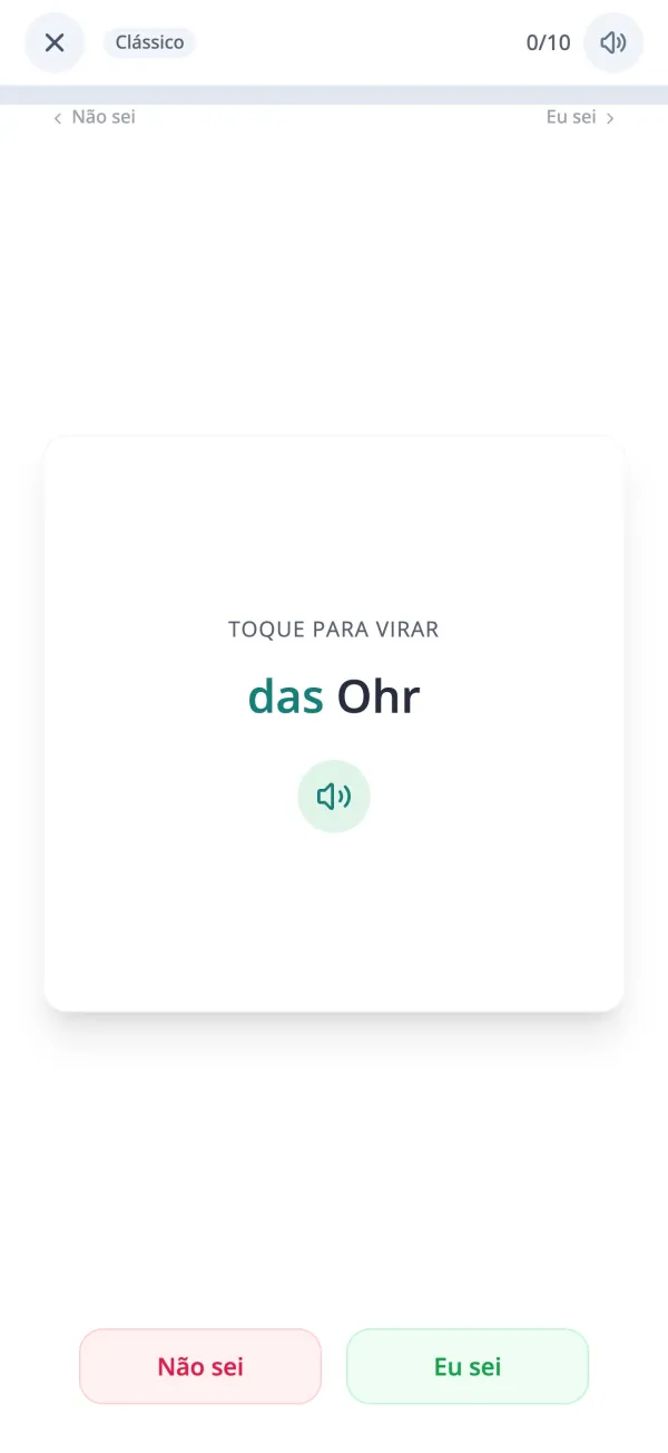 Cartão de vocabulário alemão a mostrar uma palavra com o seu artigo na app KasusKnacker