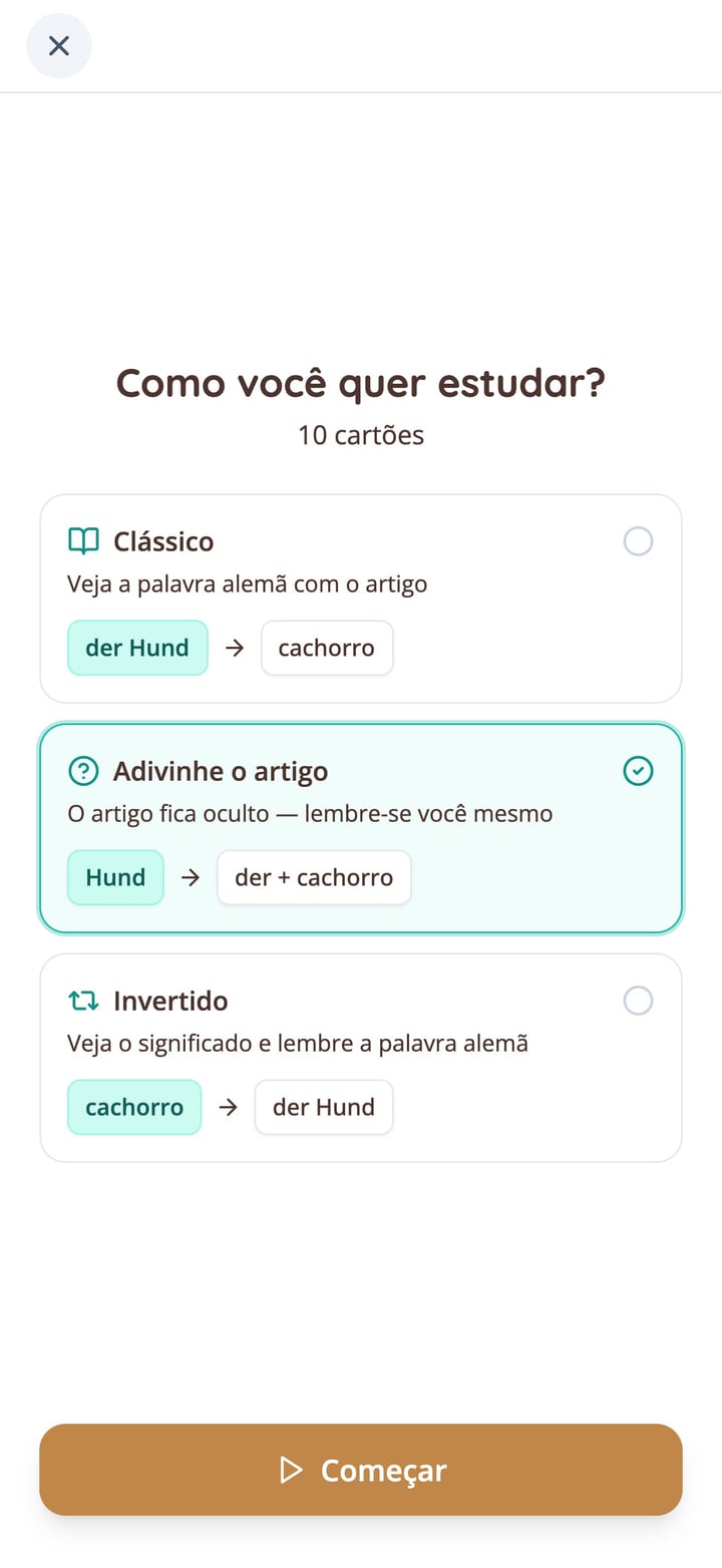 Escolha de um modo de estudo para os cartões de vocabulário alemão na app KasusKnacker