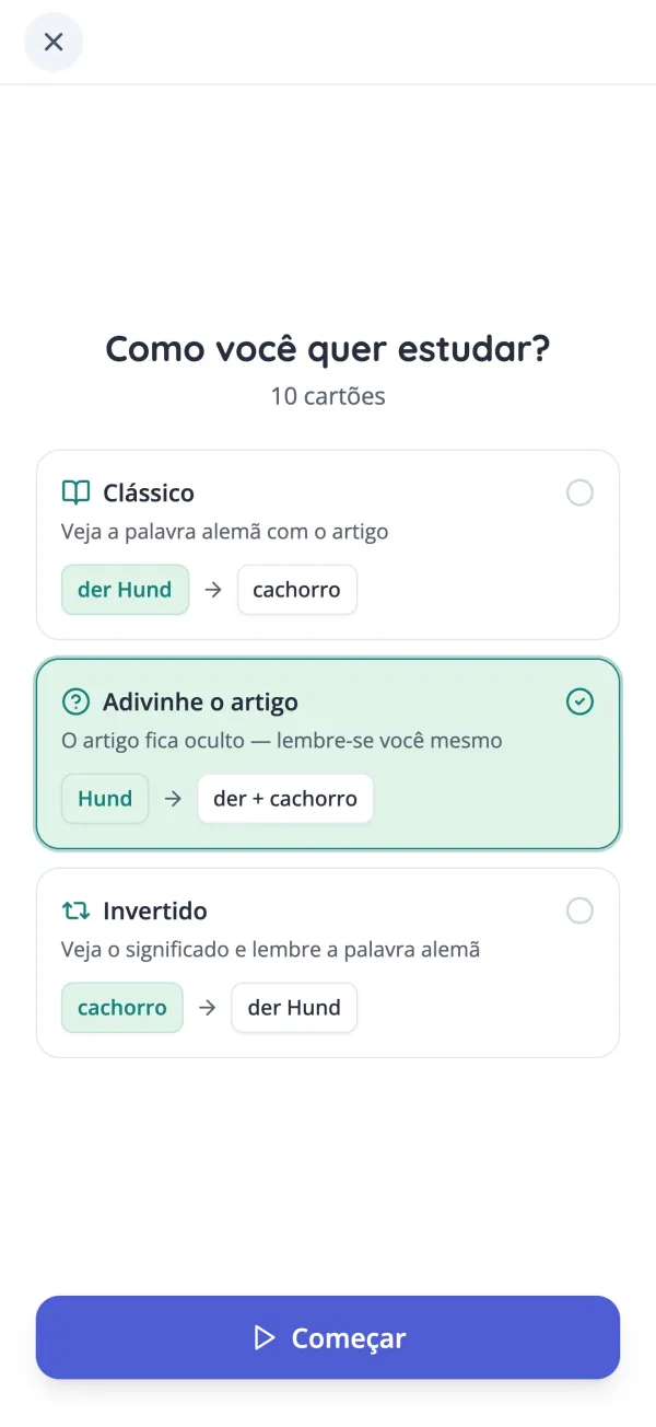 Escolha de um modo de estudo para os cartões de vocabulário alemão na app KasusKnacker