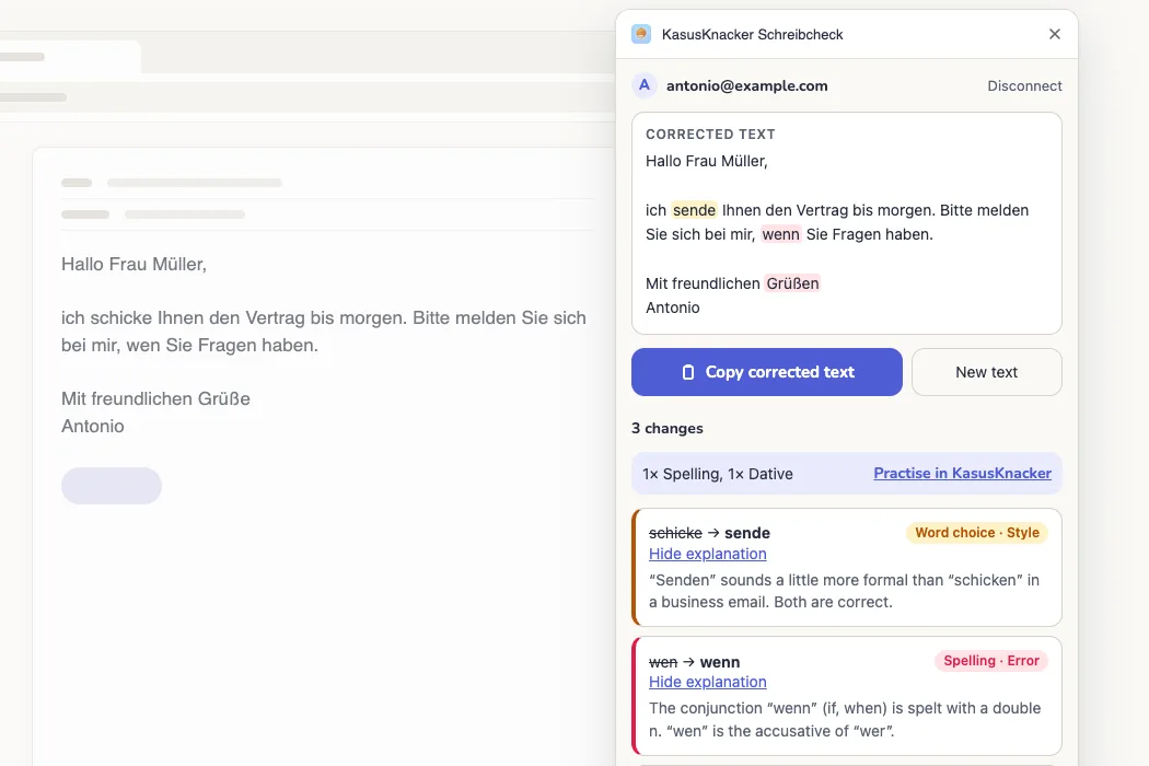 Panneau latéral KasusKnacker dans Chrome avec un e-mail corrigé et une explication pour chaque modification