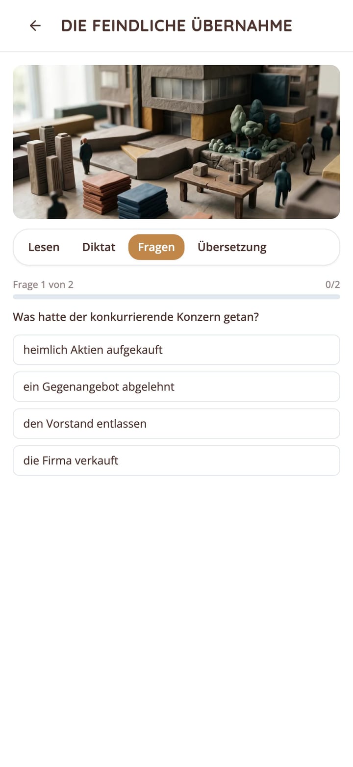 Verständnisquiz zu einer deutschen Kurzgeschichte in der KasusKnacker-App