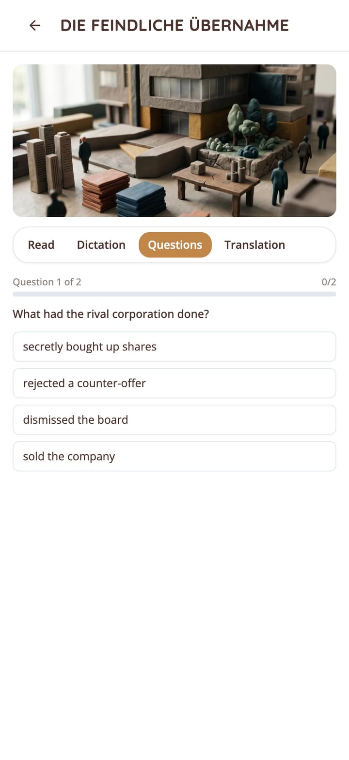 Comprehension quiz for a German short story in the KasusKnacker app
