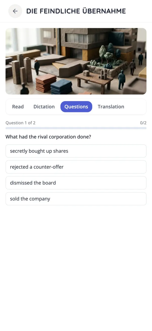 Comprehension quiz for a German short story in the KasusKnacker app