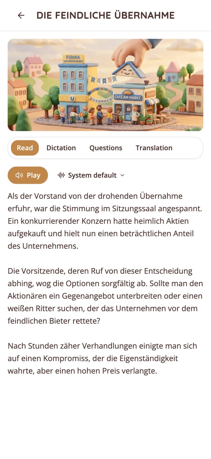 Reading a German short story with audio narration in the KasusKnacker app