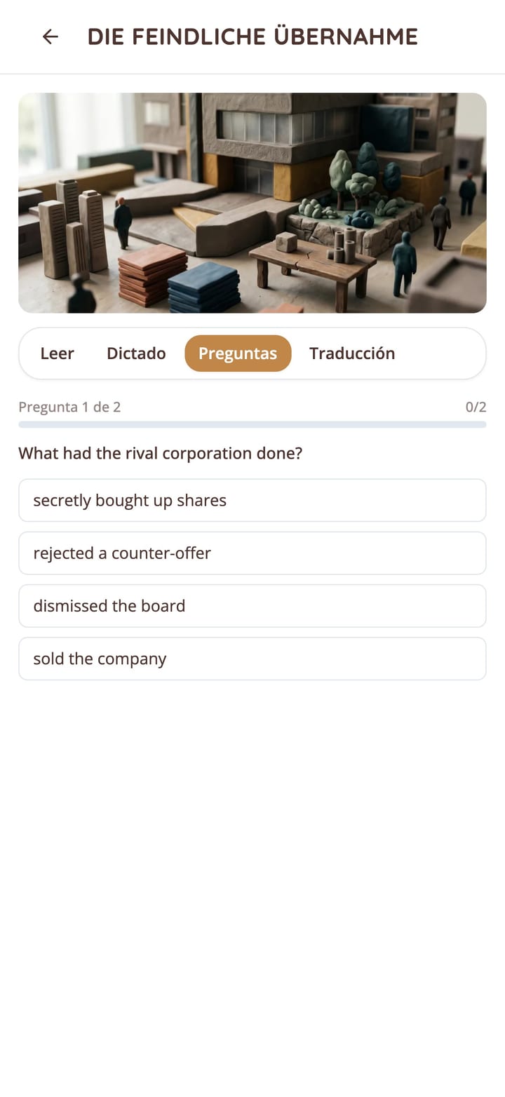 Cuestionario de comprensión de un cuento corto en alemán en la app KasusKnacker