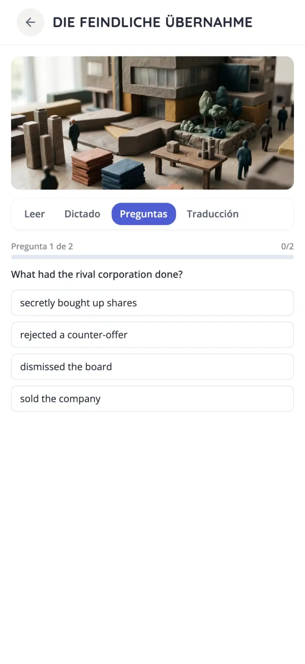 Cuestionario de comprensión de un cuento corto en alemán en la app KasusKnacker